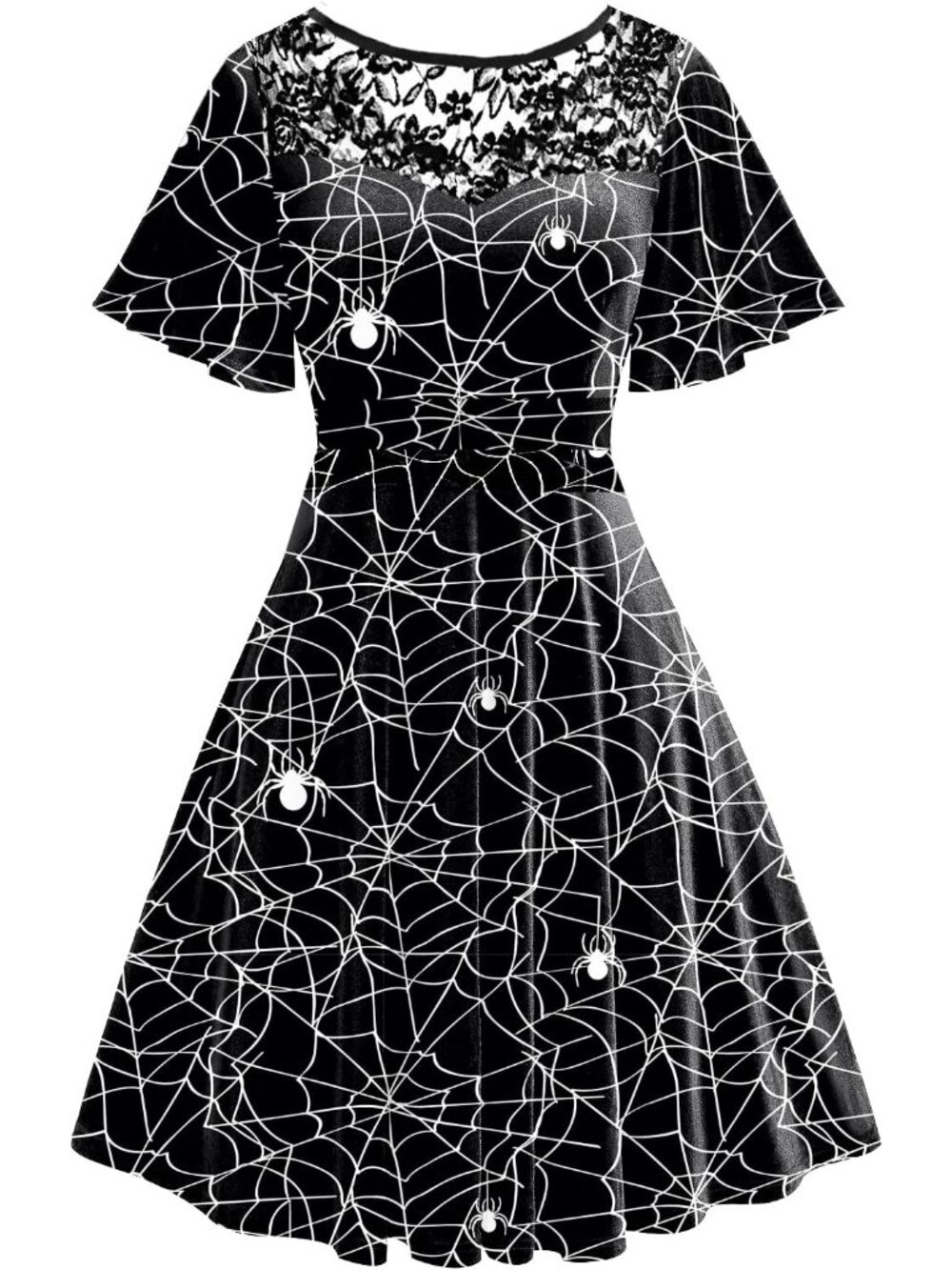 Women's Cobweb Black Halloween Neckline Lace Flutter Sleeve A-Line Party Dresses